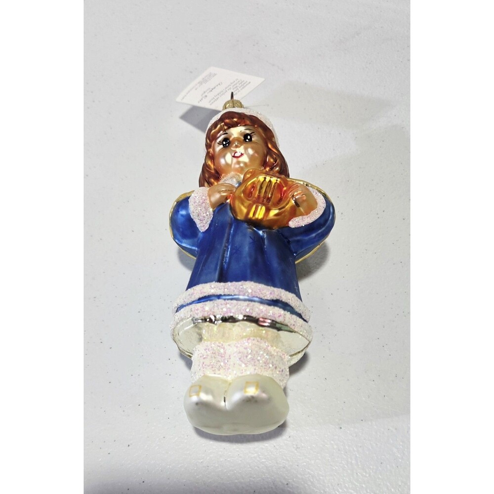 Christopher Radko Blue Caroline Angel With Harp Glitter Christmas Ornament 6.25"